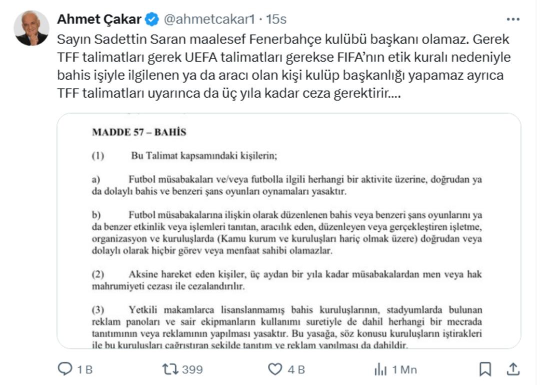 TFF Olağanüstü Topluyor: Sadettin Başkanlığı'na Saran 